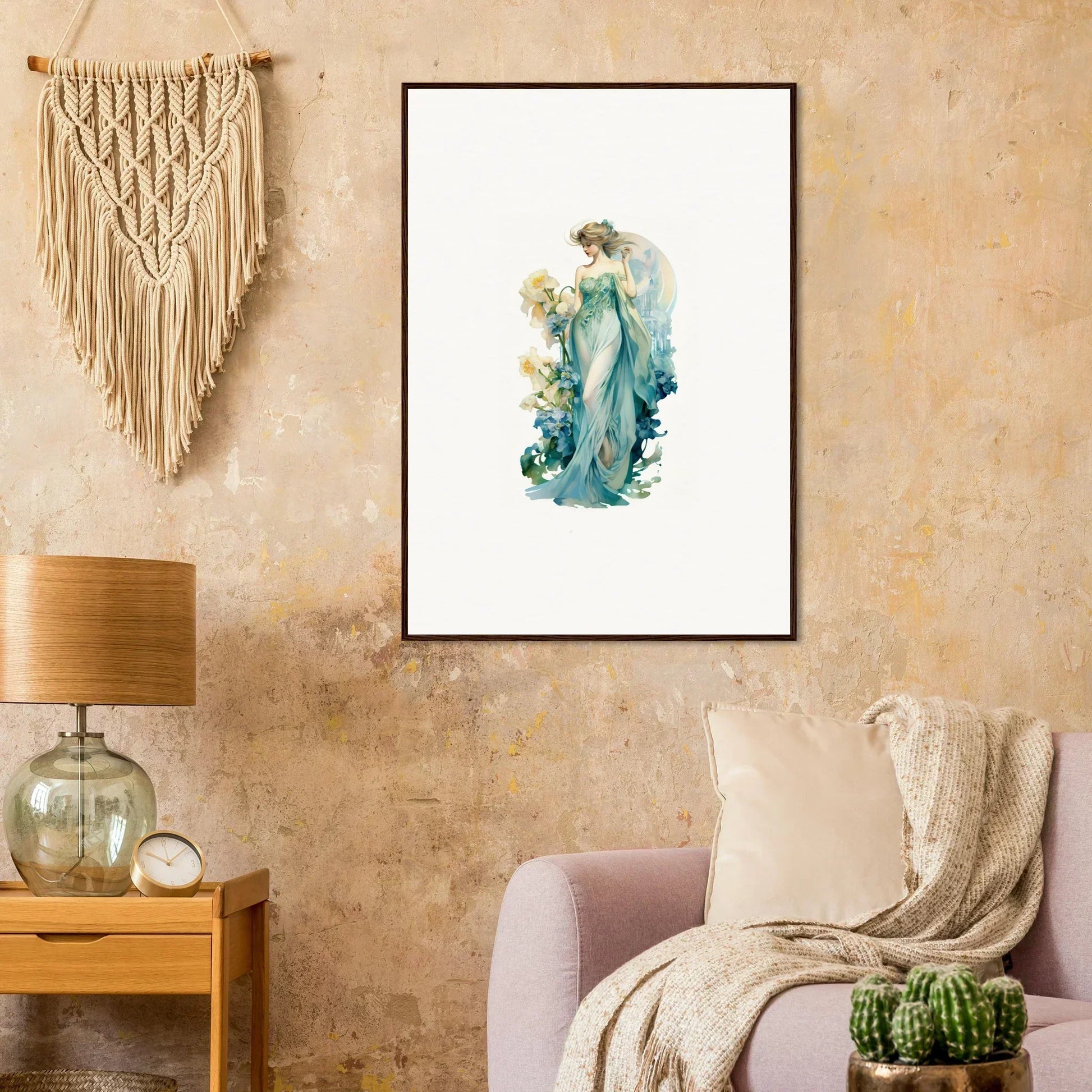 Framed watercolor of a woman in blue dress for nymphic etherwaves room decoration