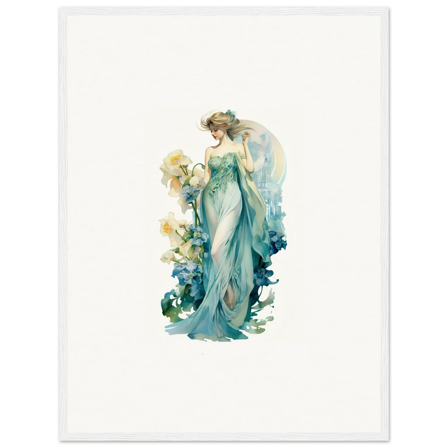 Ethereal female in aqua gown with flowers, perfect for Nymphic Etherwaves room decoration canvas print