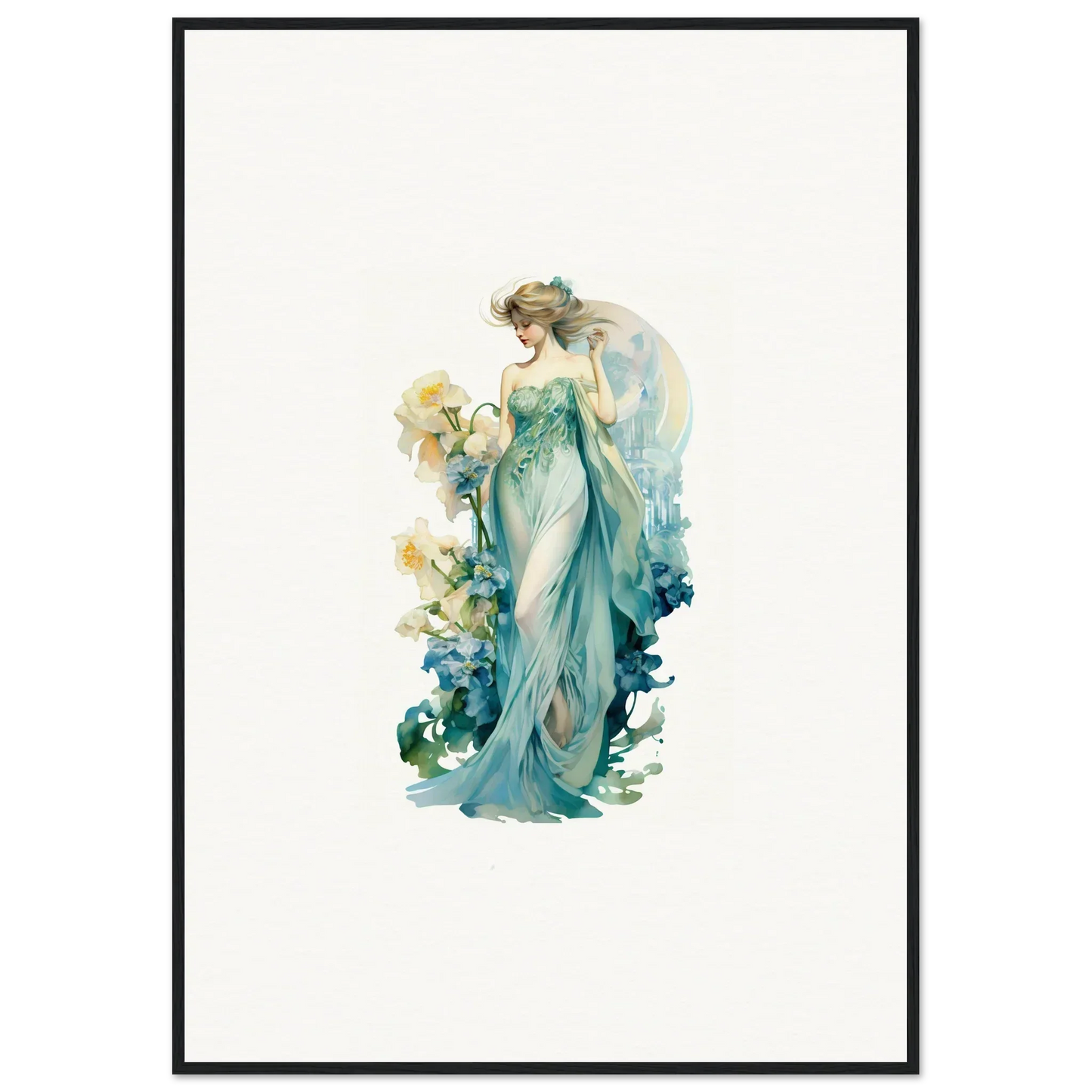 Ethereal female in turquoise gown and florals, ideal for Nymphic Etherwaves canvas print