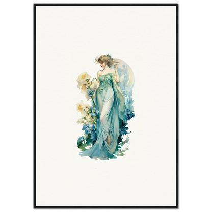 Ethereal female in turquoise gown and florals, ideal for Nymphic Etherwaves canvas print