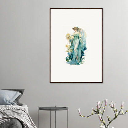 Framed watercolor painting of an ethereal figure in a teal gown for nymphic etherwaves room decoration