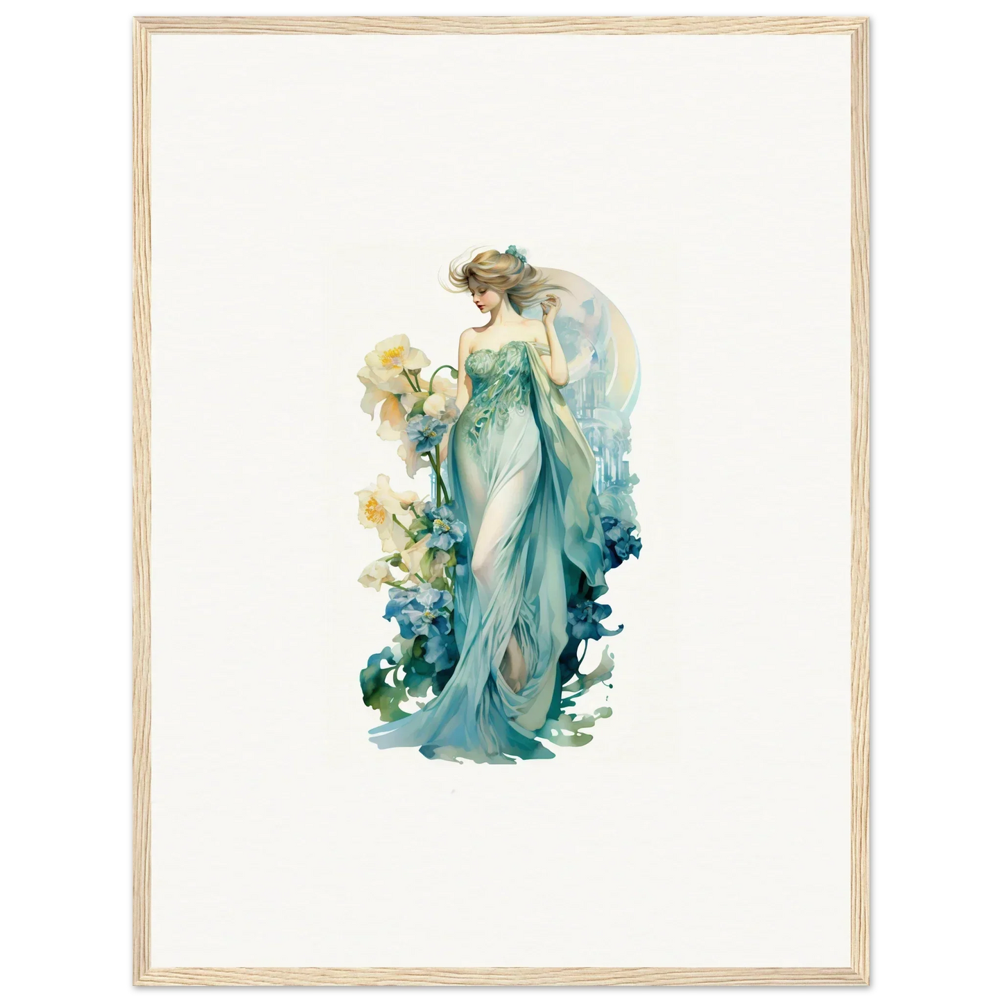 Elegant woman in turquoise gown for Nymphic Etherwaves canvas print room decoration