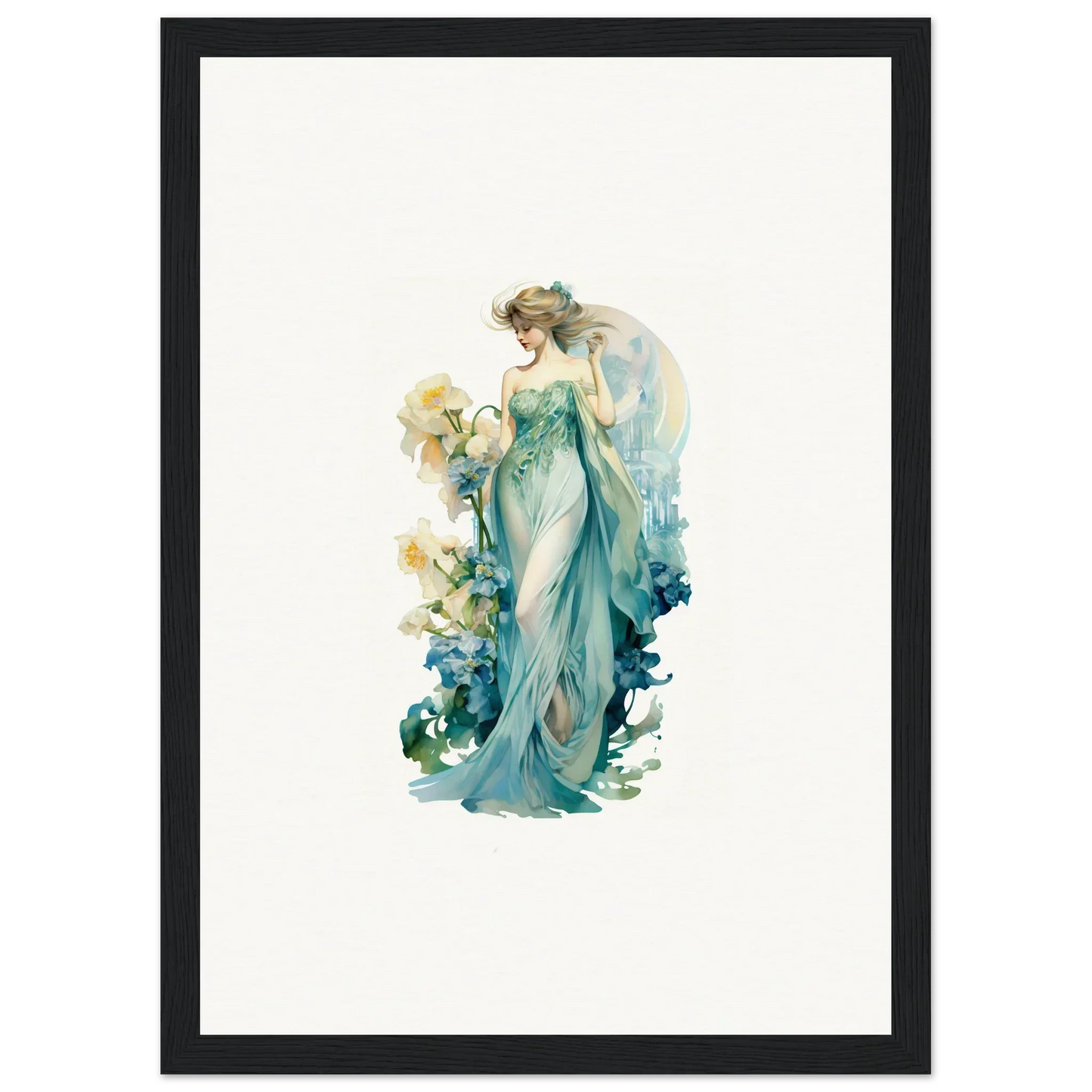 Ethereal woman in teal gown with flowers, perfect for Nymphic Etherwaves room decoration