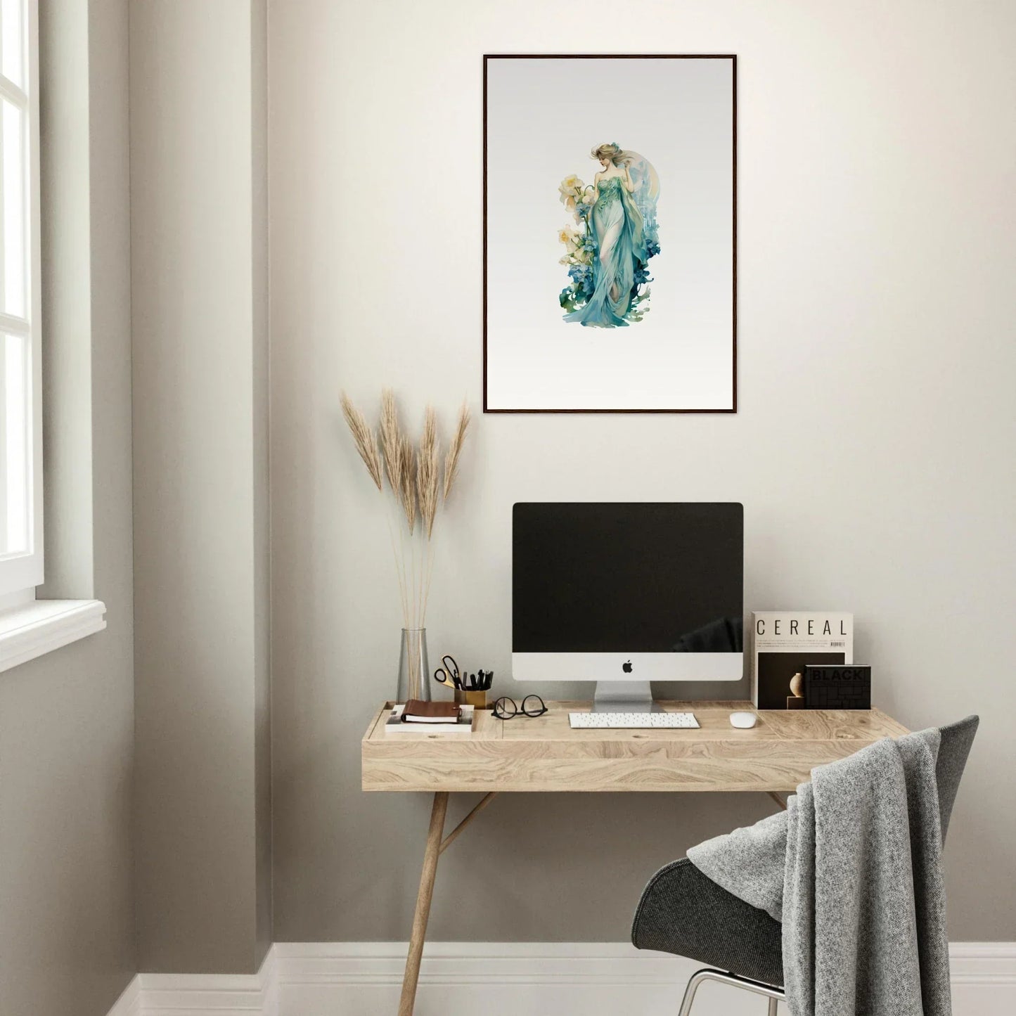 Minimalist home office featuring Nymphic Etherwaves canvas print and stylish wooden desk