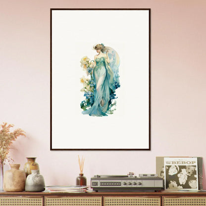 Framed watercolor canvas print of a nymphic etherwaves woman in floral teal gown