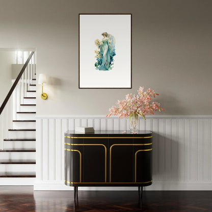 Elegant entryway with a black and gold console table and a Nymphic Etherwaves canvas print