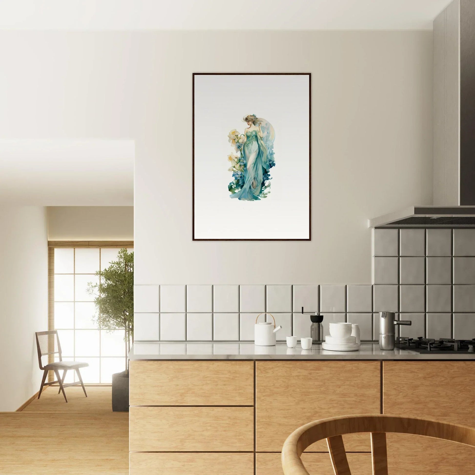 Framed watercolor canvas print of a figure in flowing garments for room decoration