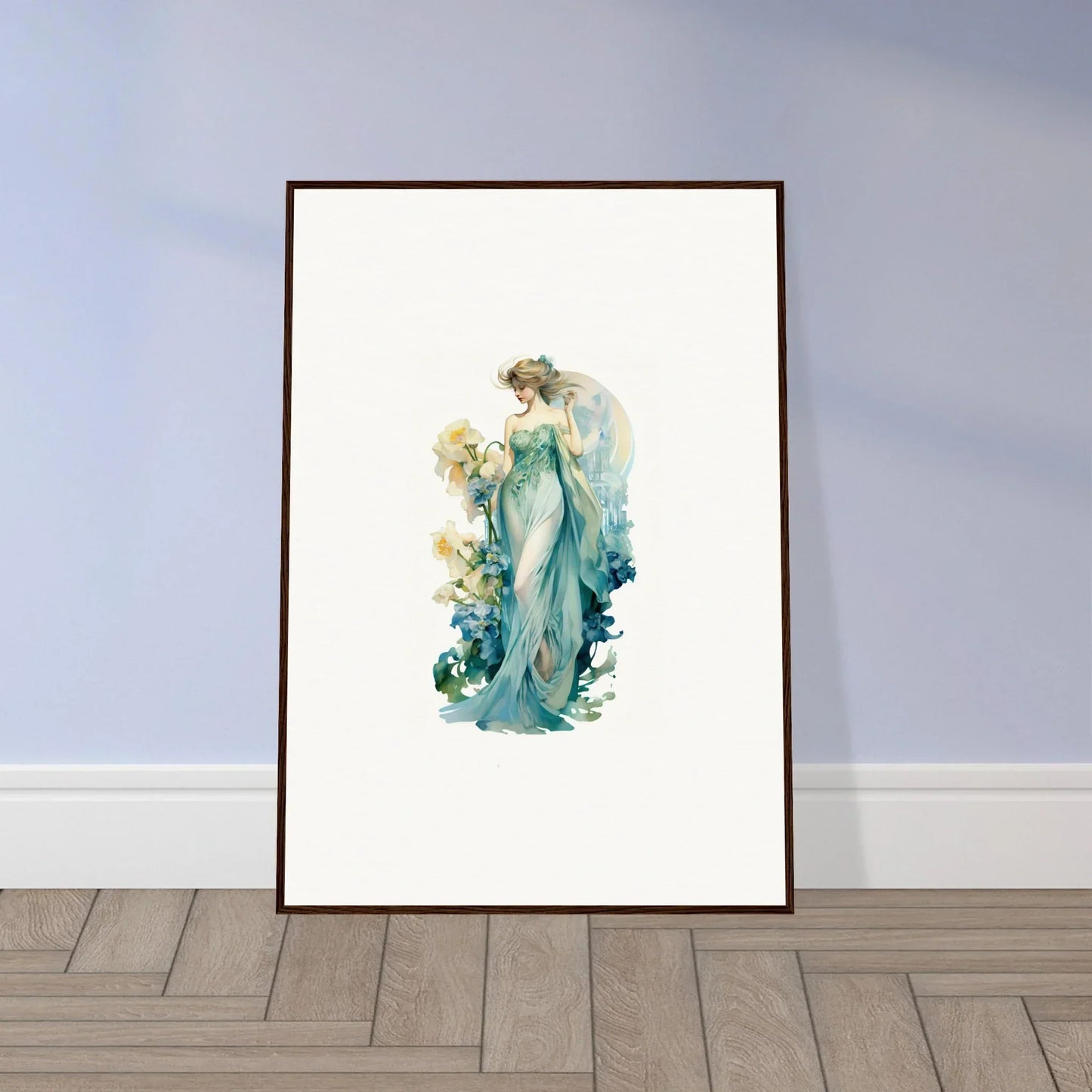 Framed watercolor of an ethereal woman in teal gown, perfect for room decoration as a canvas print