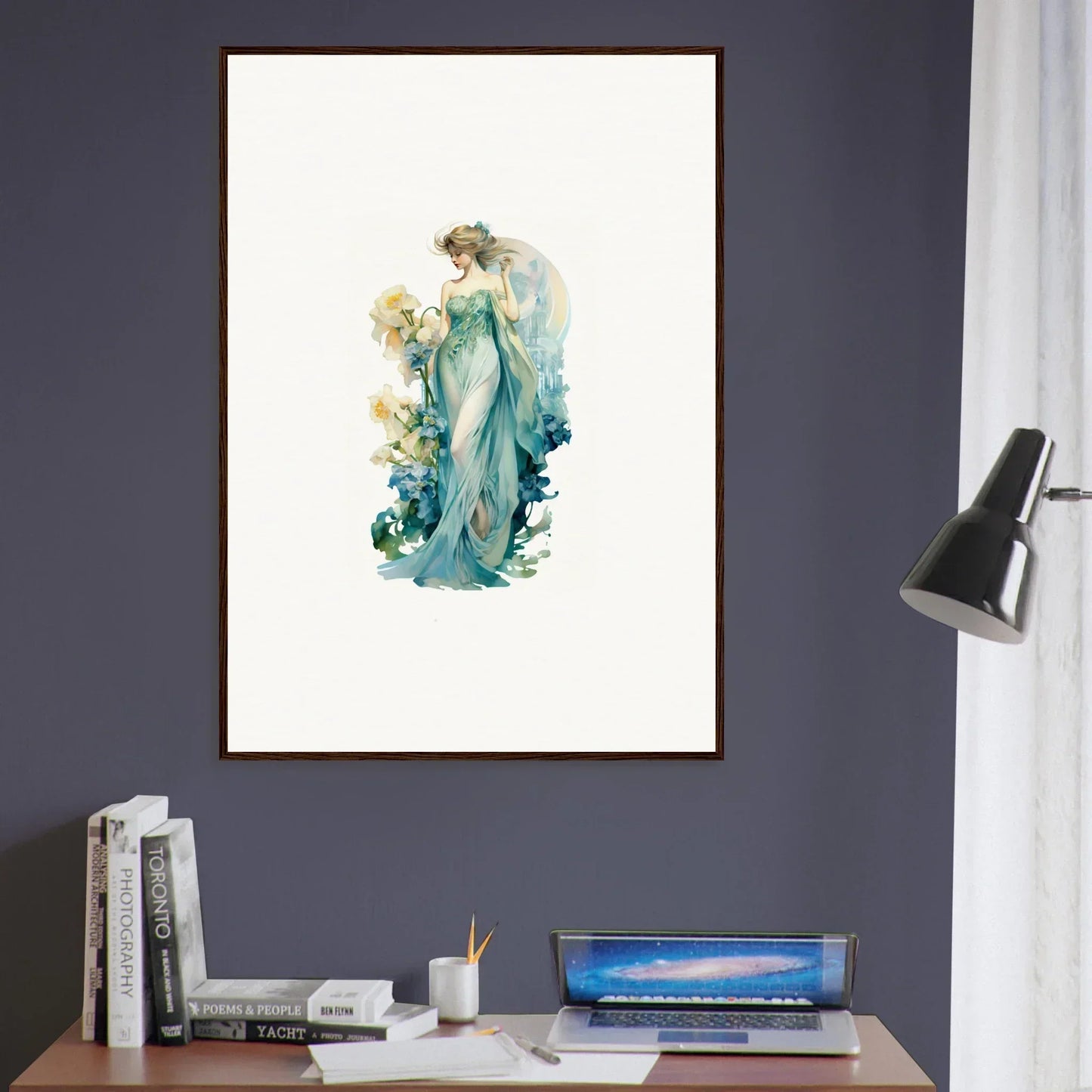 Framed canvas print of Nymphic Etherwaves for dreamy room decoration with a serene goddess