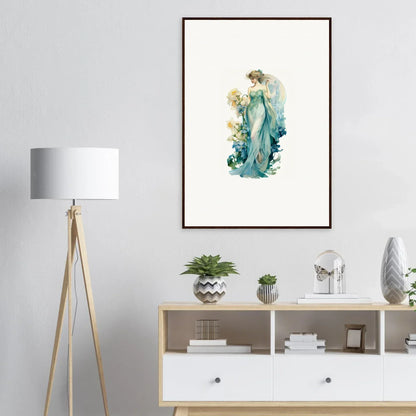 Framed watercolor painting of a nymphic etherwaves figure for cool room decoration