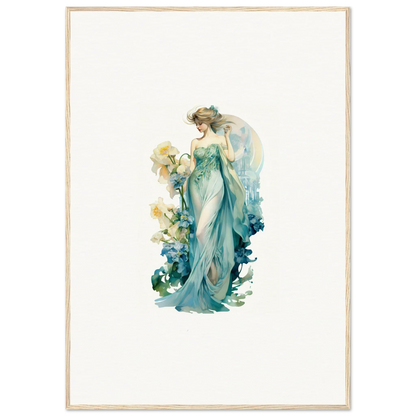 Ethereal female figure in turquoise gown with flowers for Nymphic Etherwaves canvas print