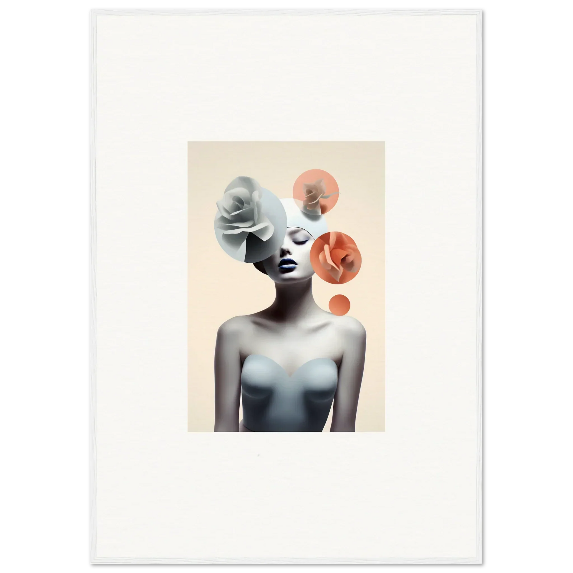 Surrealist portrait of a woman with circular elements, perfect for Orchid Reverie room decoration