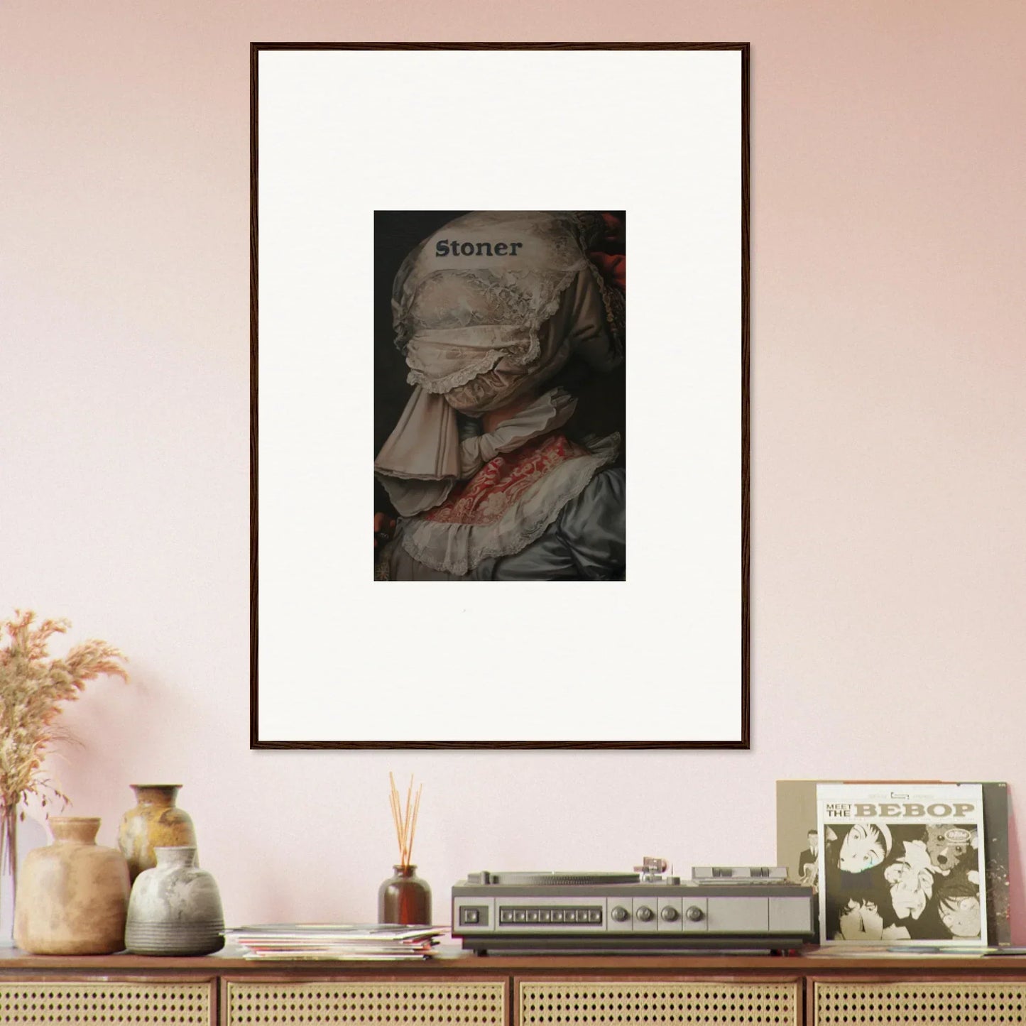 Framed canvas print of historical figure with stoner and orchid reverie vibe for room decoration