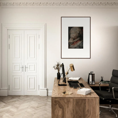 Wooden desk with typewriter and books in a minimalist workspace for Orchid Reverie decor