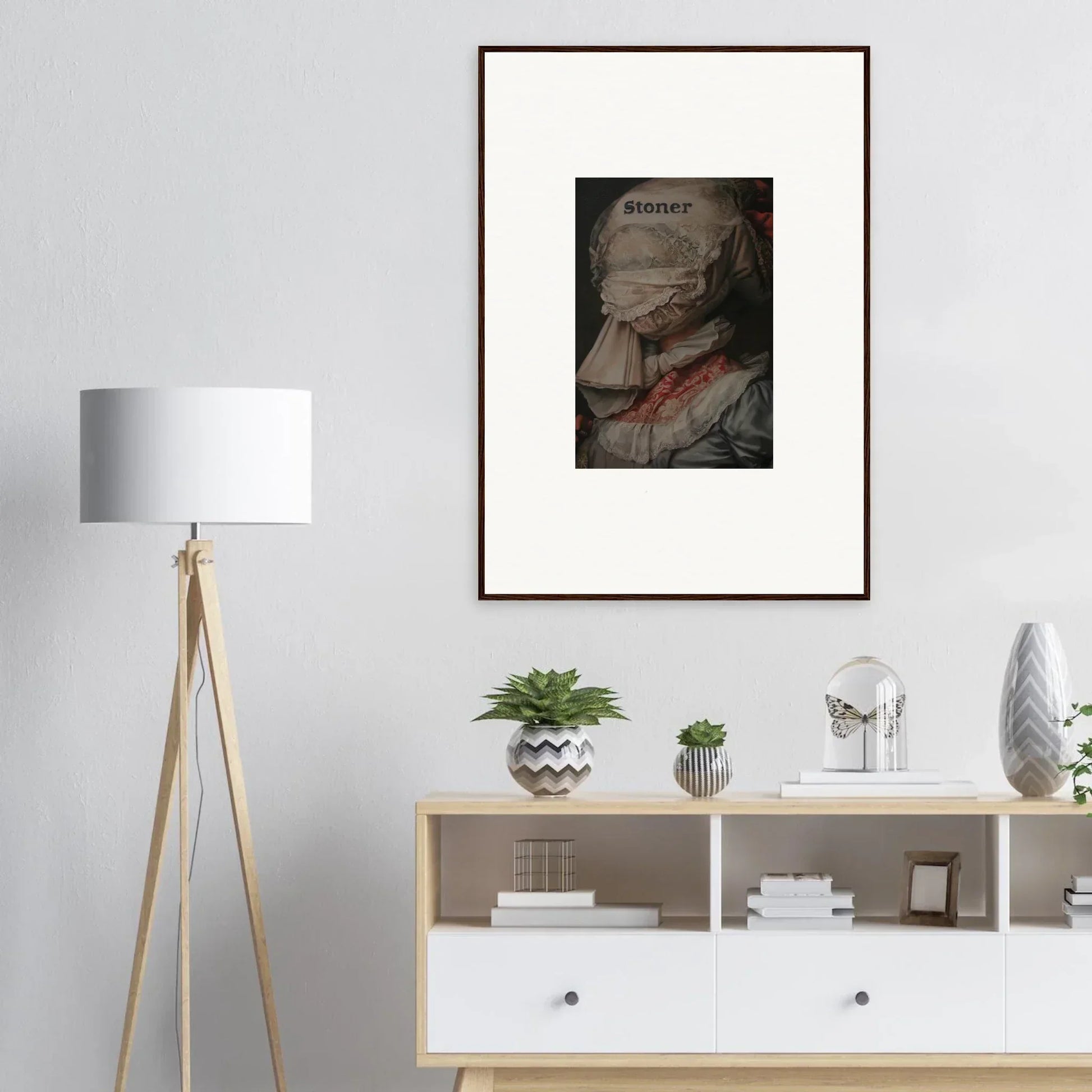 Framed canvas print of a figure in a red collar for stylish room decoration