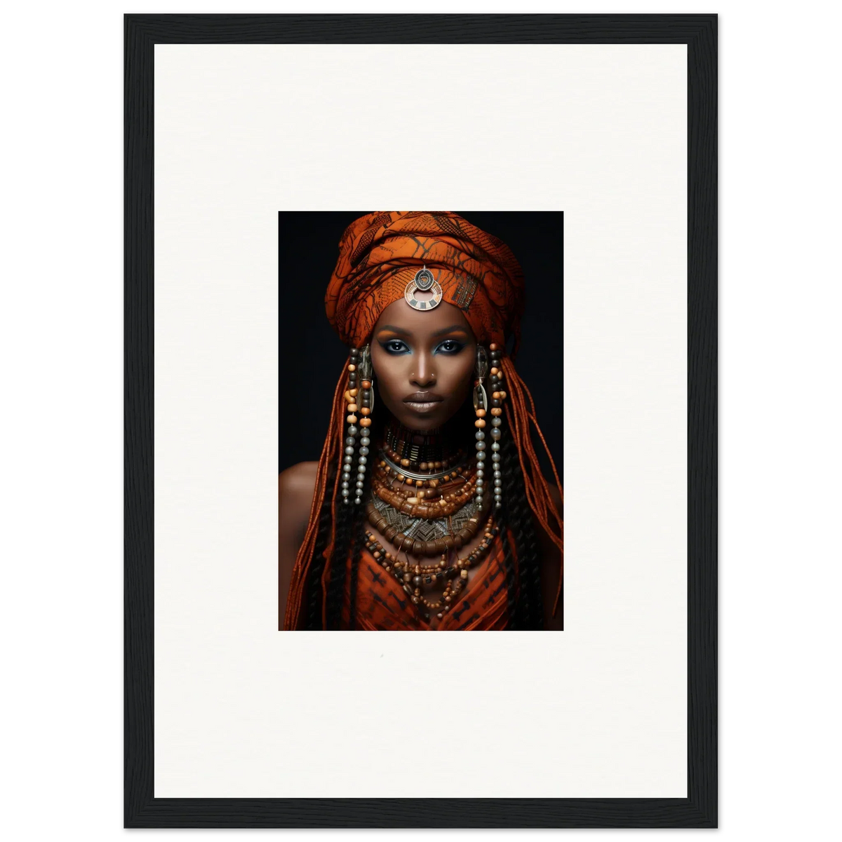 Portrait of an Obsidian Ethereal Goddess in vibrant tribal attire and jewelry