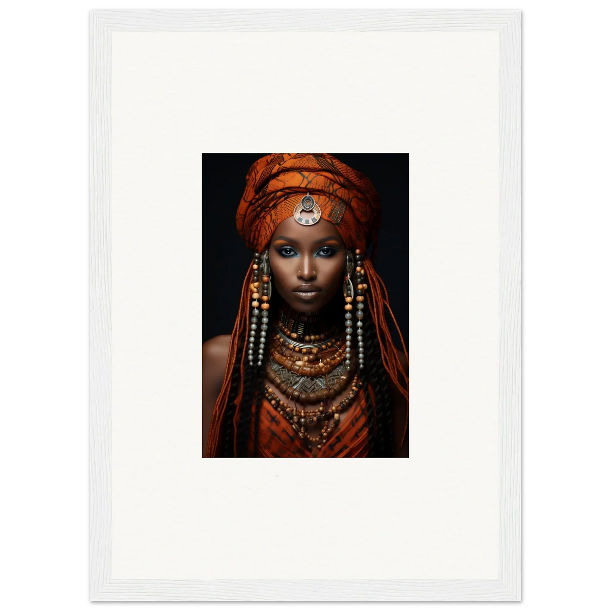 Portrait of the Obsidian Ethereal Goddess in vibrant tribal attire and beaded jewelry