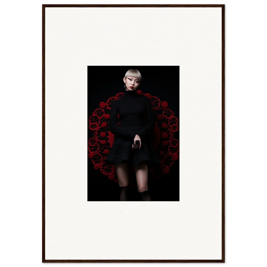 Figure in black dress surrounded by deep red roses in Obsidian Lace Waltz art