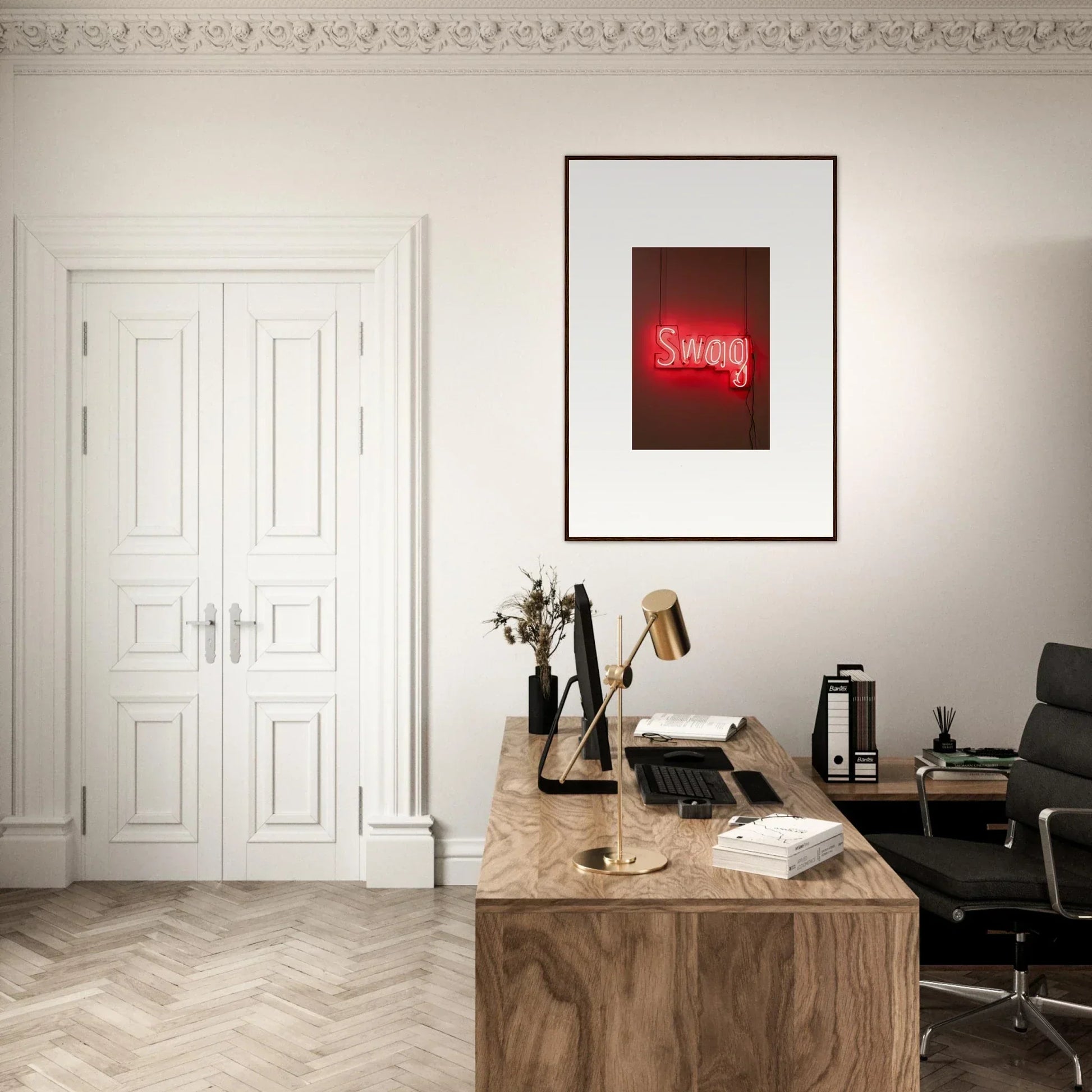 Wooden desk with typewriter, books, and office supplies under Swag neon wall art for room decor