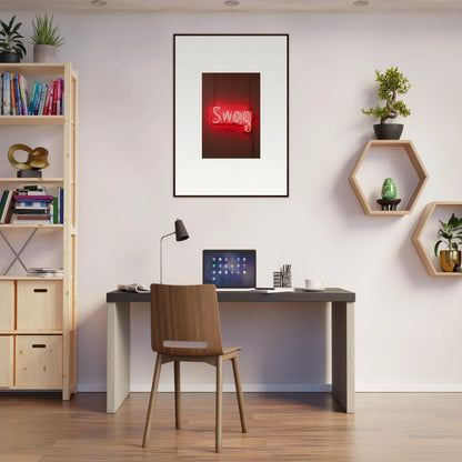 Modern home office workspace featuring Slips Viadvent decor and framed wall art