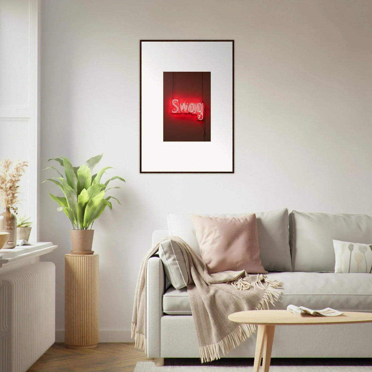 Framed neon sign art displaying Swag in red light for stylish room decor and Viadvent slips