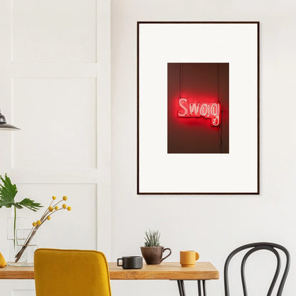 Framed wall art of a neon Swag sign in red, perfect for Room Decor and Slips Viadvent