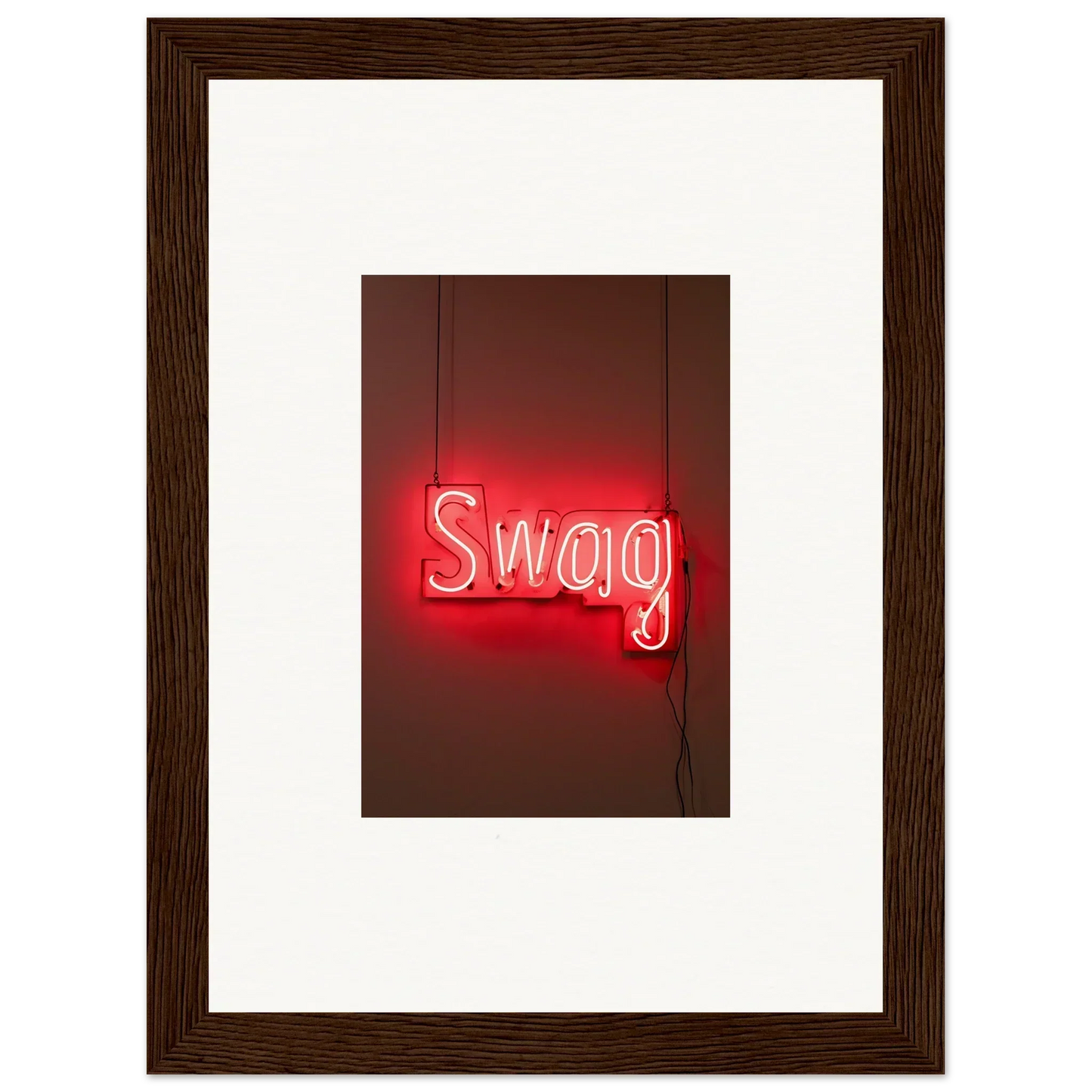 Framed neon sign with glowing red Swag letters enhancing modern room decor with Slips Viadvent