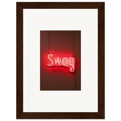 Framed neon sign with glowing red Swag letters enhancing modern room decor with Slips Viadvent