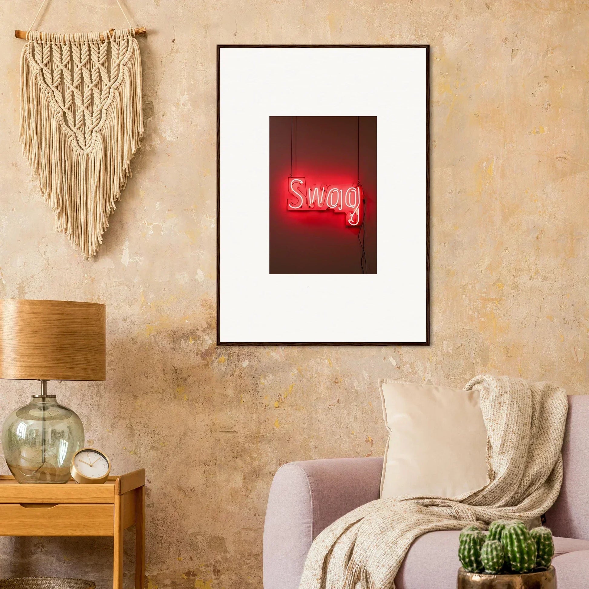 Framed wall art featuring a neon red Swag sign for stylish room decor in Slips Viadvent