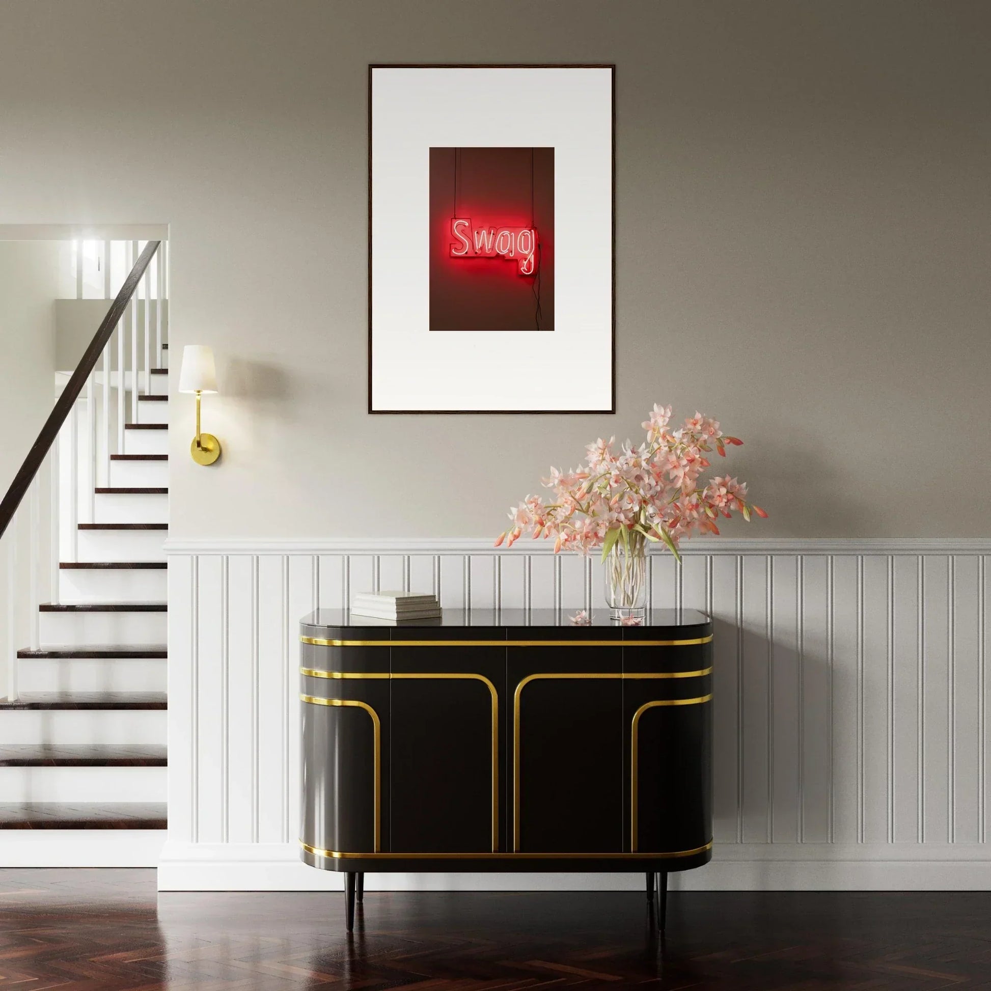 Framed neon sign SWAG in red, perfect for Slips Viadvent room decor and wall art