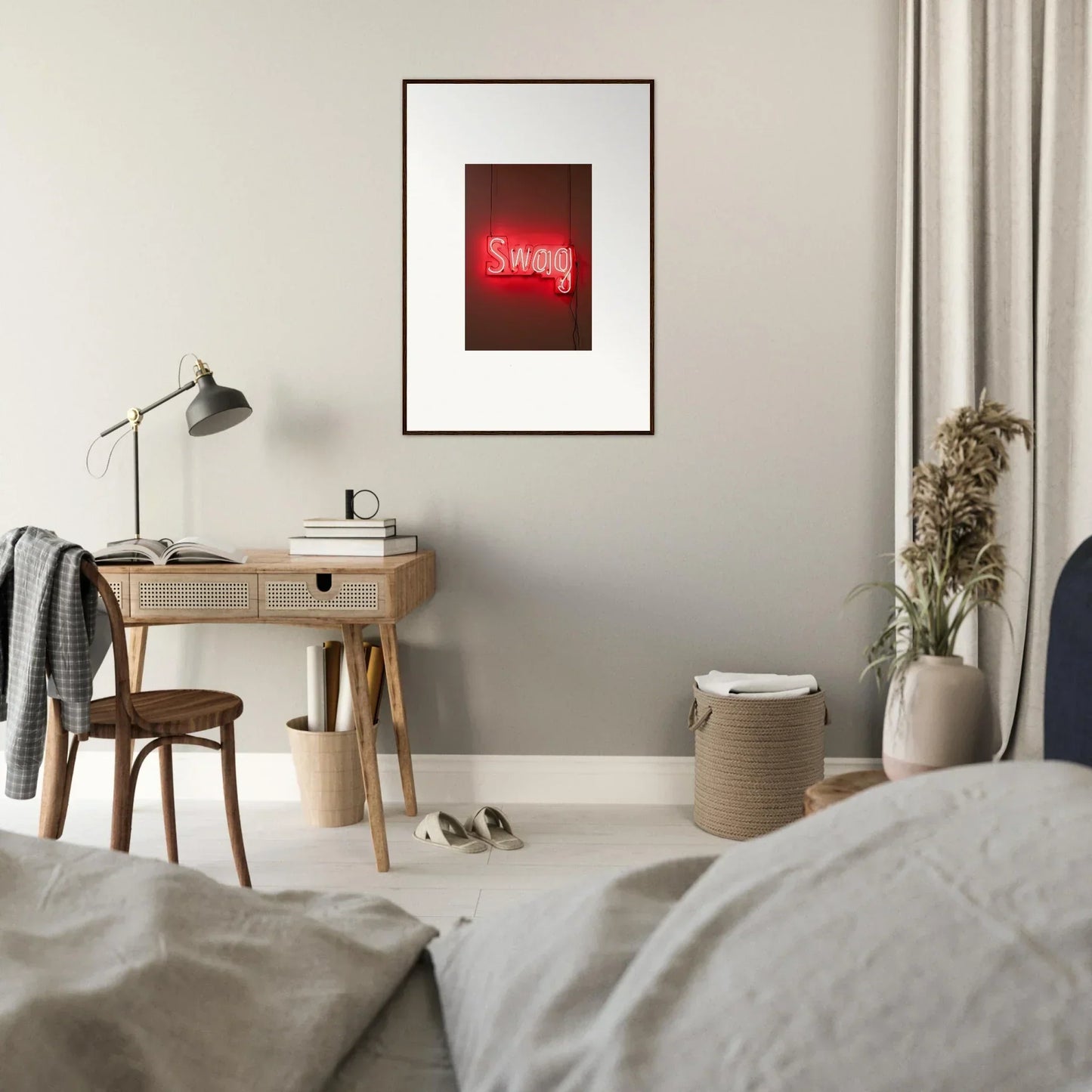 Framed wall art featuring a glowing red neon sign of SWAG for stylish room decor