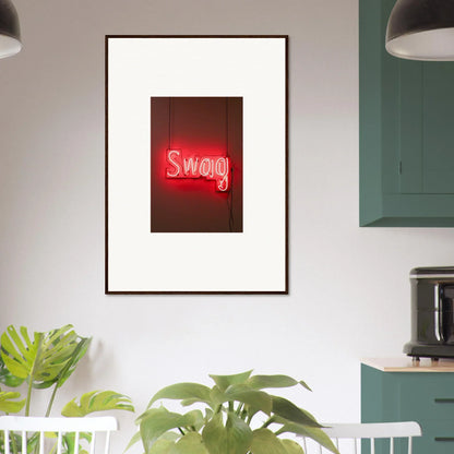 Framed wall art with glowing red neon sign saying Swag, perfect for slips viadvent room decor