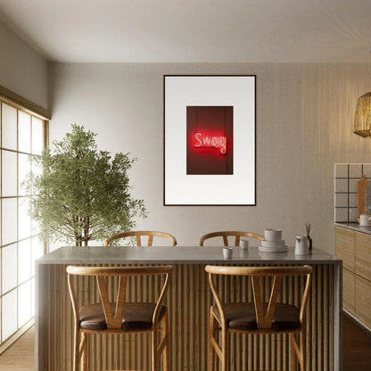 Dining area featuring slips Viadvent, a table, chairs, and framed wall art neon sign