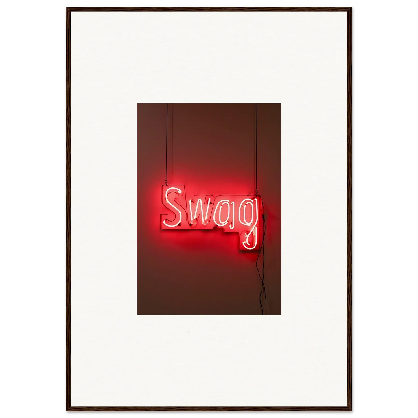 Neon red Swag sign in cursive for stylish room decor and framed wall art