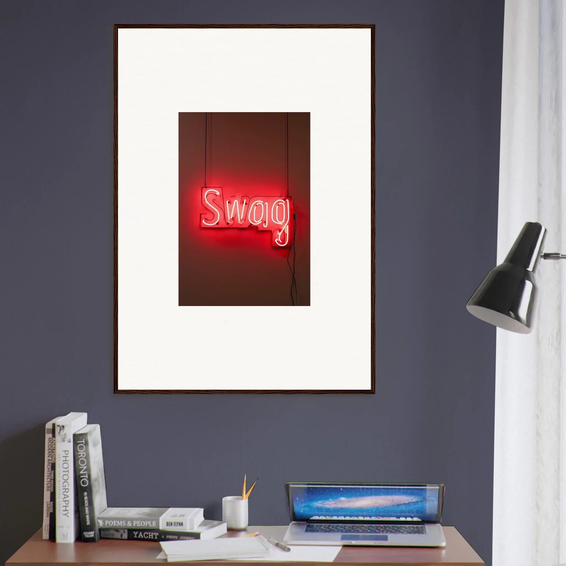 Framed wall art featuring a neon red Swag sign for stylish room decor in slips Viadvent