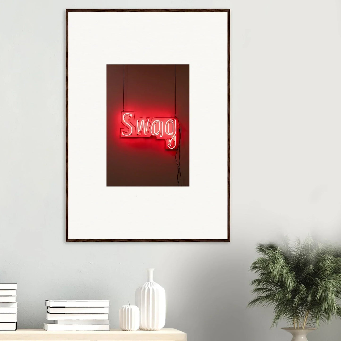 Framed wall art of a neon red Swag sign for stylish room decor and Slips Viadvent