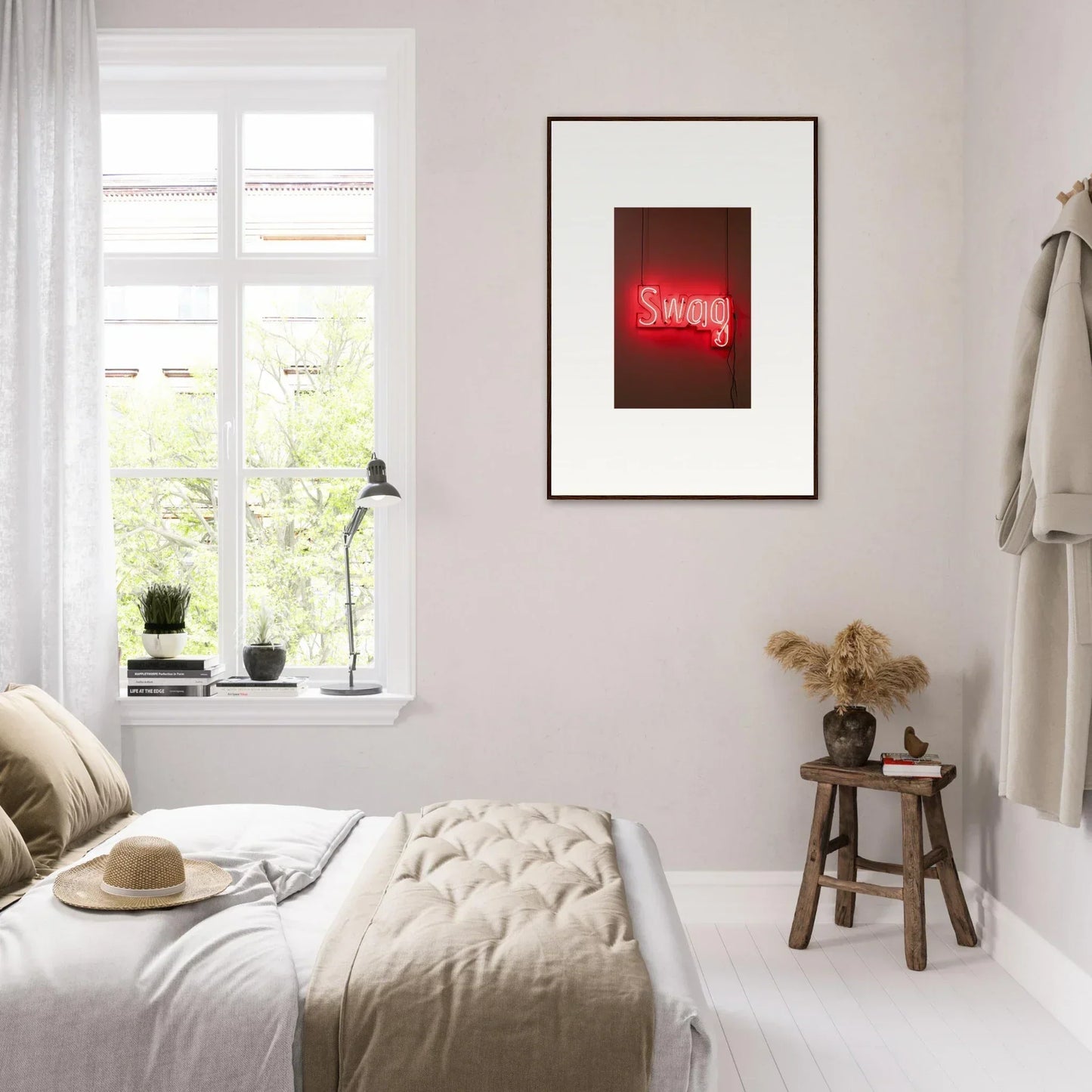 Framed wall art with glowing red neon Swag sign as stylish Slips Viadvent room decor