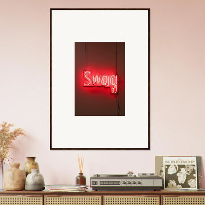 Framed wall art with glowing red neon Swag sign for stylish room decor and Slips Viadvent