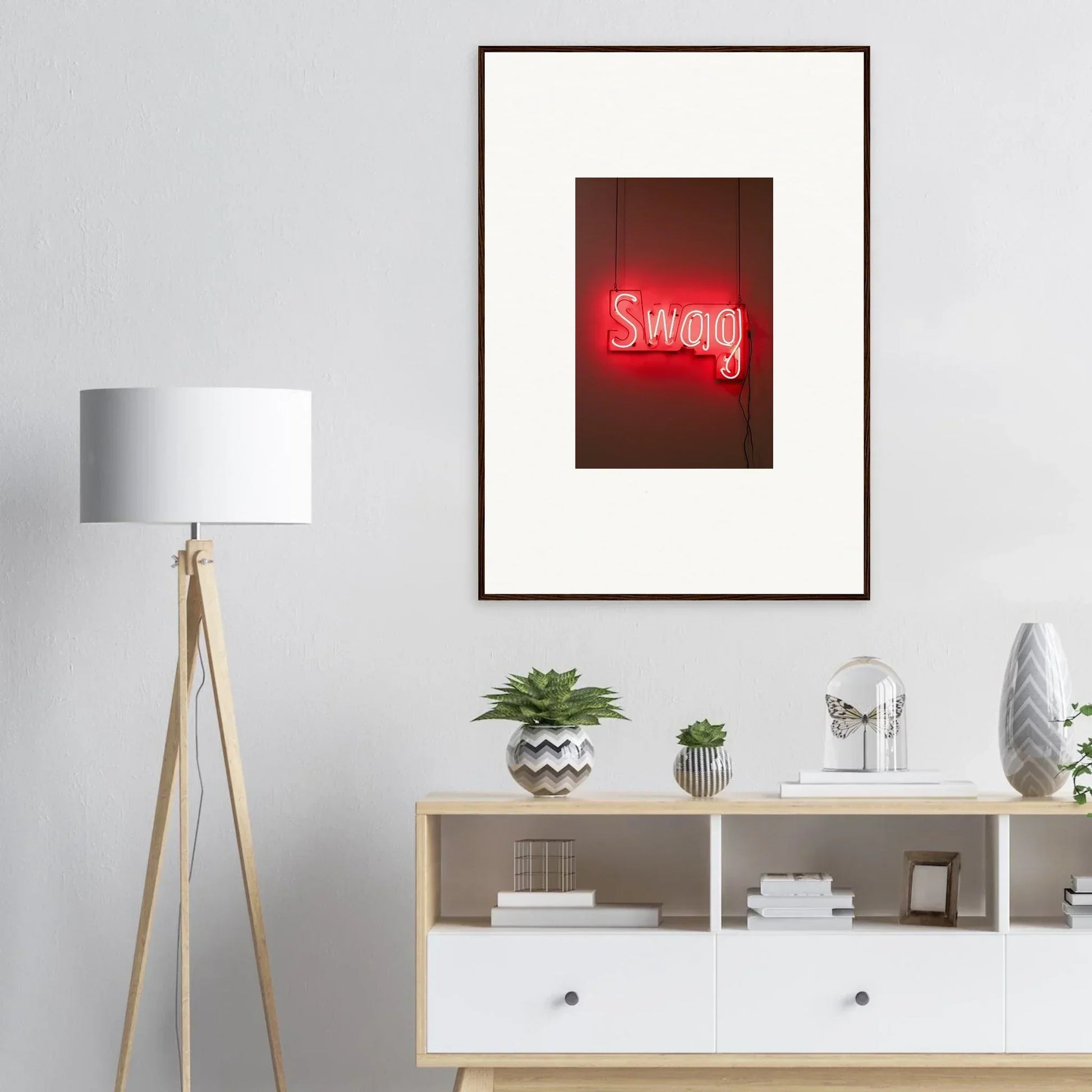 Framed wall art featuring a red neon Swag sign, perfect for Room Decor and Slips Viadvent