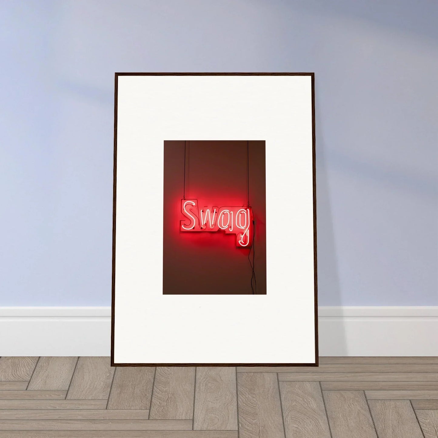 Framed wall art of a red neon Swag sign for stylish room decor in Slips Viadvent