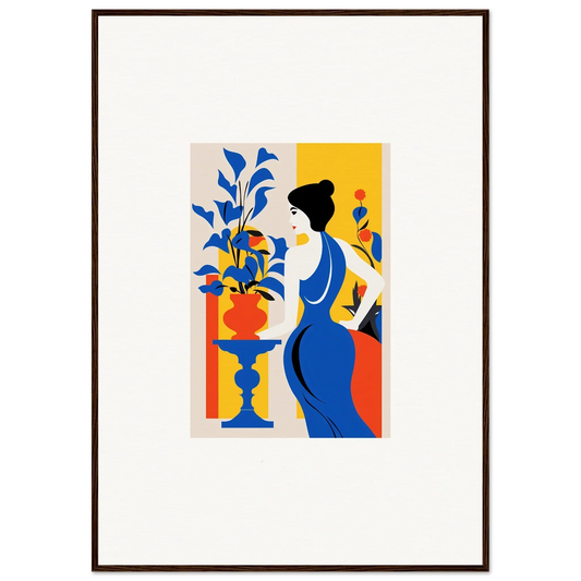 Stylized woman in blue dress beside a flower vase for a bohemian pruned canvas print