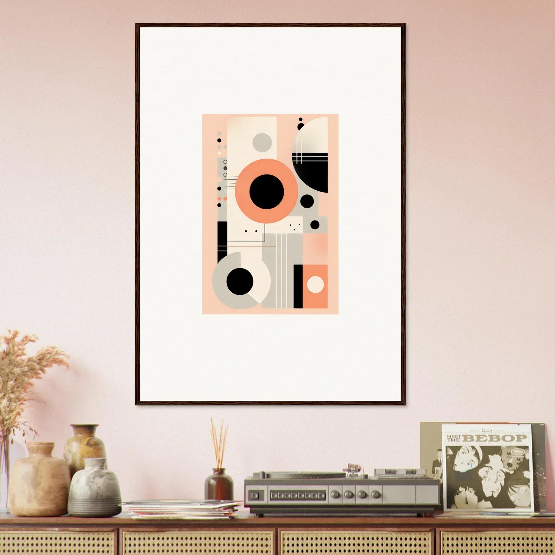 Framed Odyssey Dreamscape Unveiled art print with coral and black geometric shapes