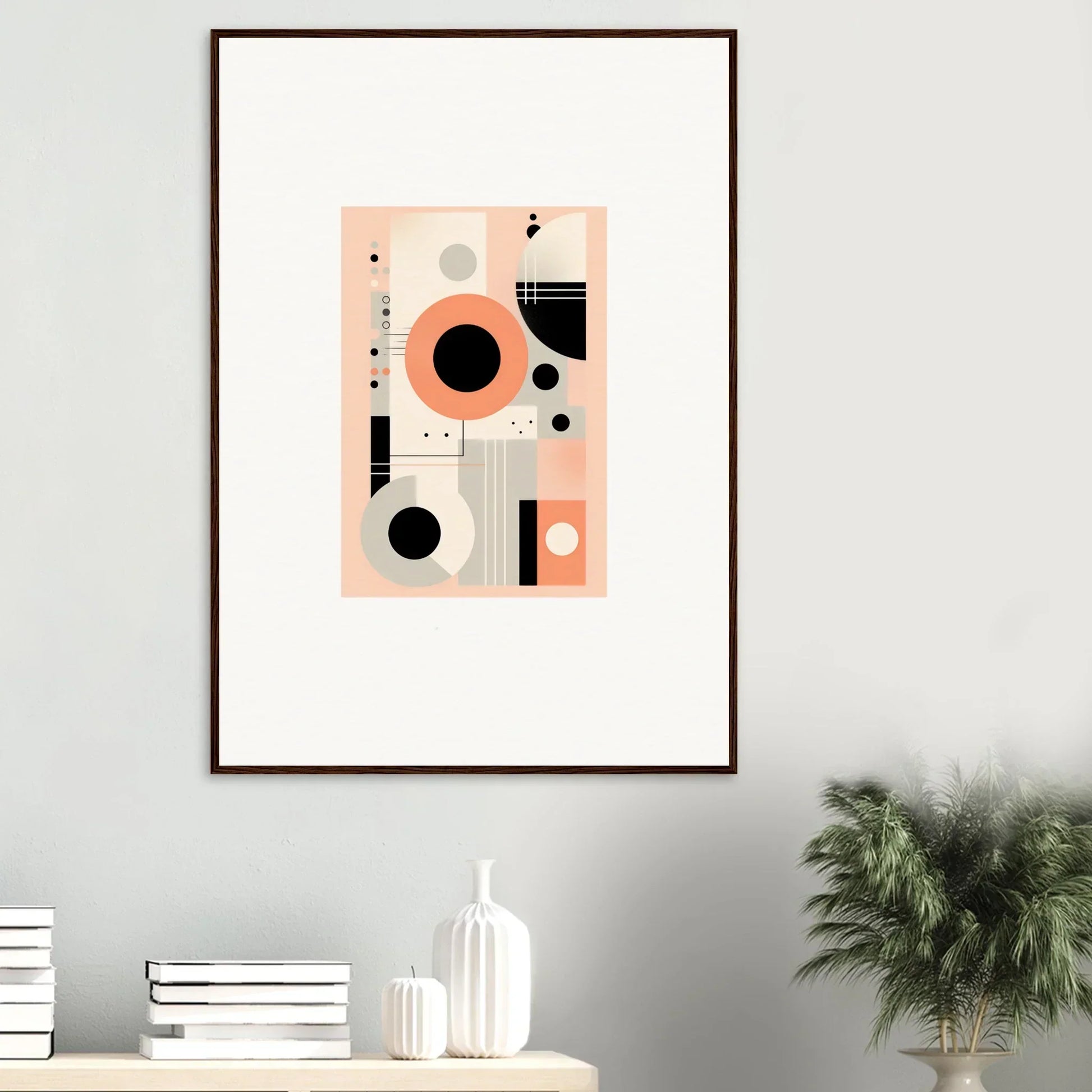 Framed abstract art print Odyssey Dreamscape Unveiled in peach, black, and white tones