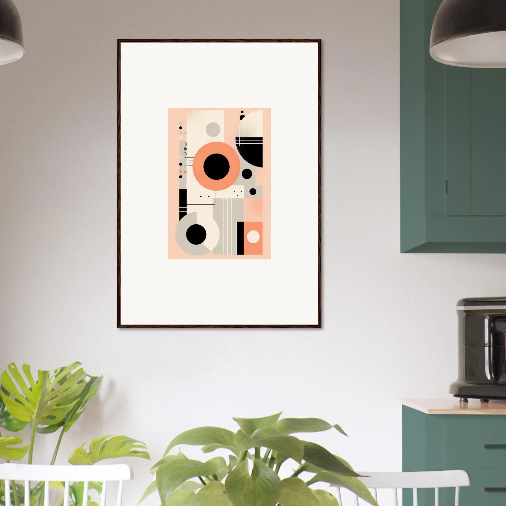 Abstract geometric art print of circles in peach, black, and white for Odyssey Dreamscape Unveiled