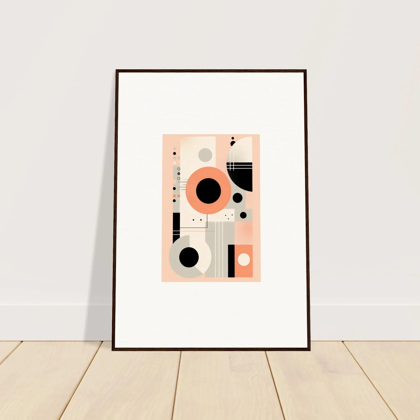 Framed abstract geometric art print in peach, black, and white for Odyssey Dreamscape Unveiled