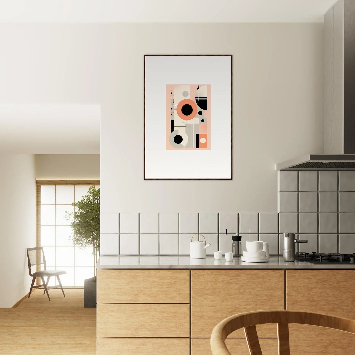 Framed abstract art print with black and peach shapes from Odyssey Dreamscape Unveiled