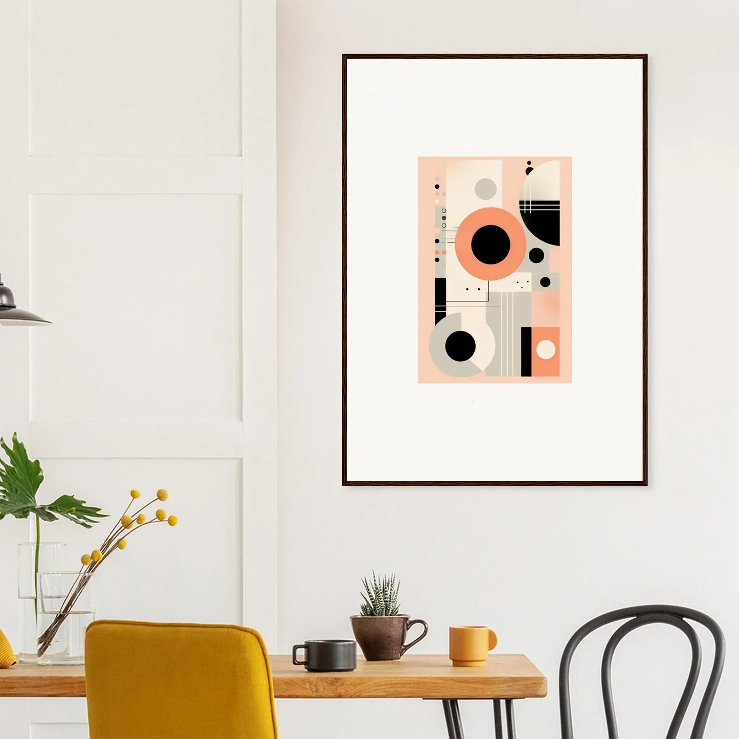 Framed Odyssey Dreamscape Unveiled art print with coral pink and black geometric shapes