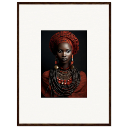 Portrait of African jewelry and red head wrap showcasing Ondine Atrium Accoutrements