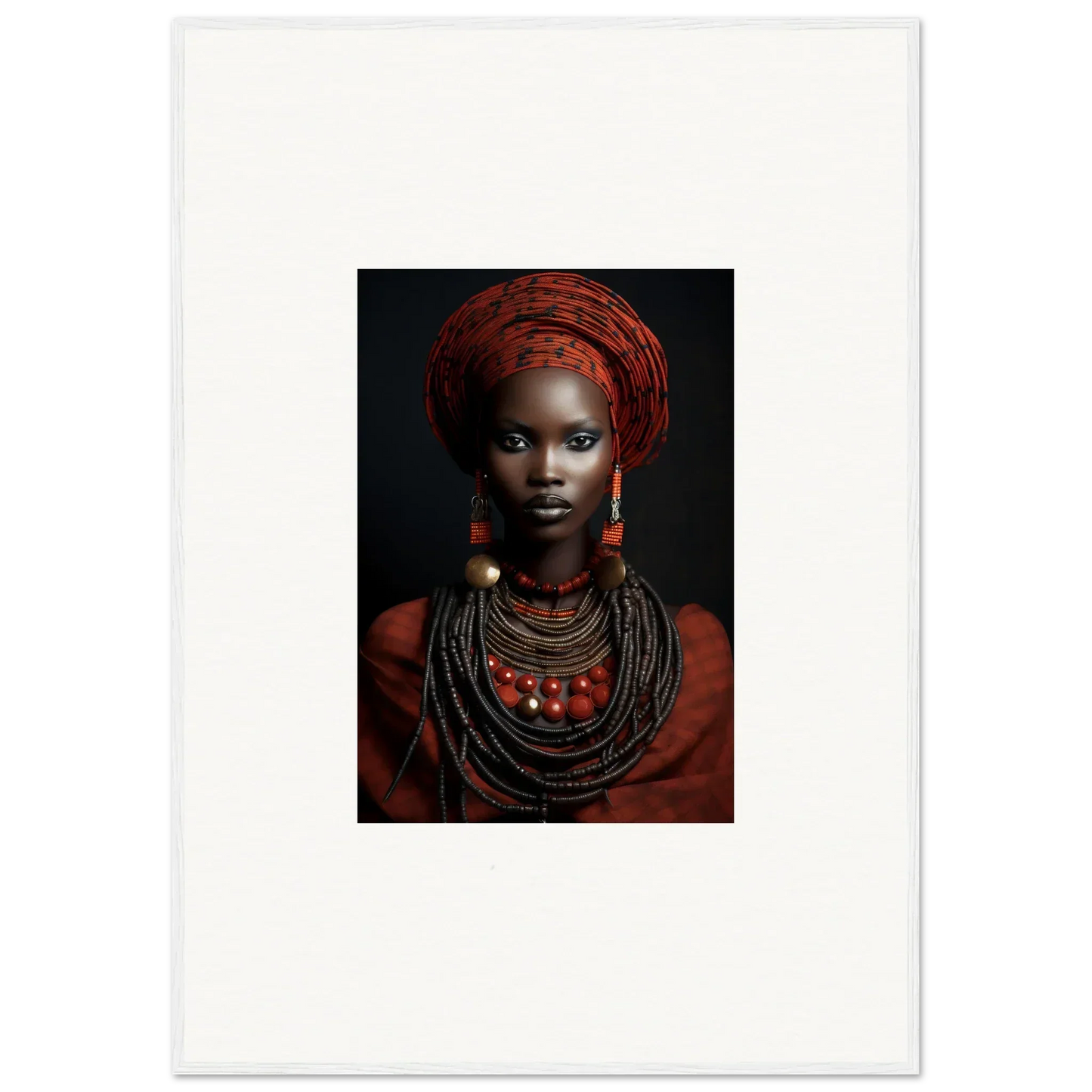 Portrait of traditional African jewelry and red head wrap for Ondine Atrium Accoutrements