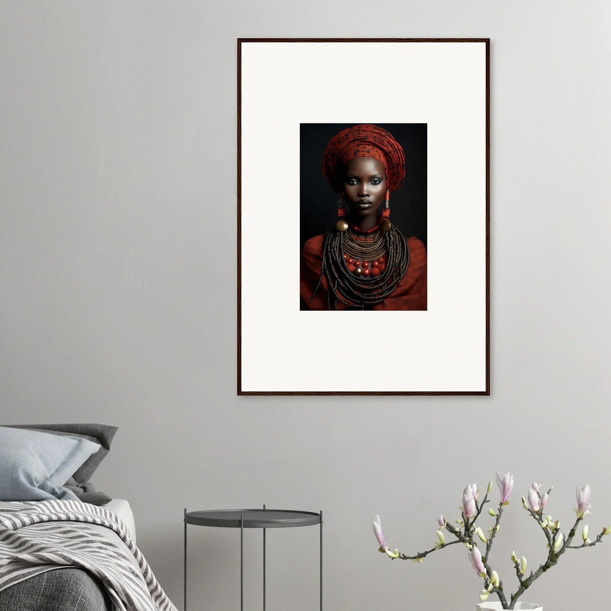 Framed wall art of African jewelry and head wrap from Ondine Atrium Accoutrements